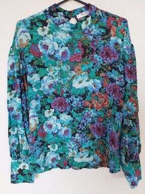 MSCH Copenhagen Women's Size M Floral Blouse High Neck & Ruffed Cuffs